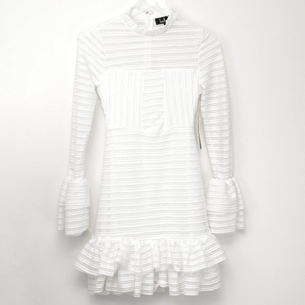 Lulus For Always Dress Tonal Stripe Ruffled Long Sleeve Mini White Small New - Picture 2 of 7